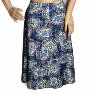 Vintage 1980s Handmade Satiny Blue White Paisley Floral Flippy Skirt Medium